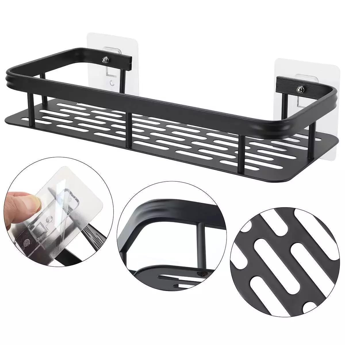 Wall Mounted Punch Free Space Aluminum Bathroom Storage Shelf Adhesive Bathroom Kitchen Storage Organizer Racks (Black Color)(30X13X5.5cm) (1 pcs)