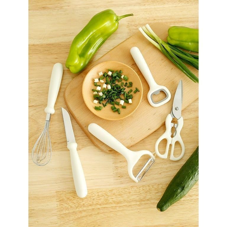 Stainless Steel 6-Piece Kitchen Gadgets Set, Kitchen Scissors, Kitchen Utensils Set with Holder, Paring Knife, Whisk, Bottle Opener, Peeler- Anti-Slip Handle, Decorative Base,