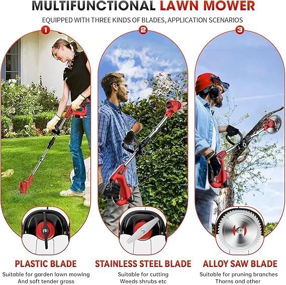Cordless Electric Grass Cutter Machine – Adjustable Height and Portable Garden Lawn Trimmer – Weed Cutting Hand Grass Weeder for Home Garden Lawn Yard – Includes 2Pcs 21V Rechargeable Battery
