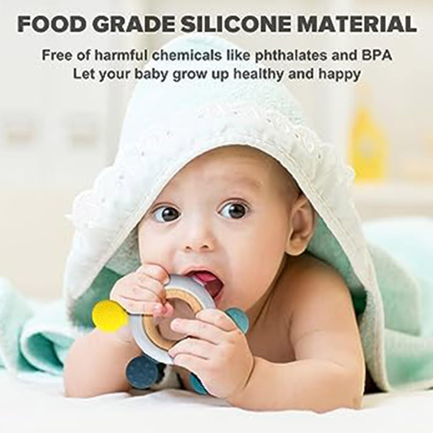 Infant Wooden Teether, Baby Teething Toys Silicone Teethers Bpa Free Silicone Rudder With Wooden Ring Soothe Babies Gums