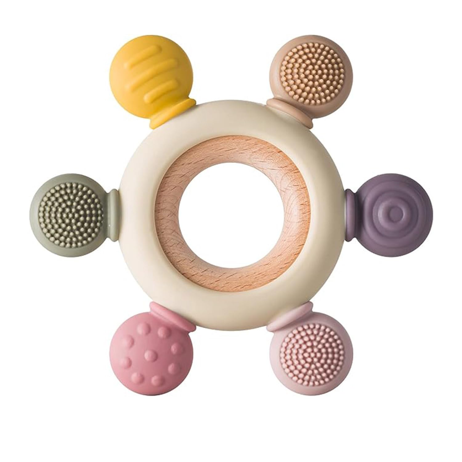 Infant Wooden Teether, Baby Teething Toys Silicone Teethers Bpa Free Silicone Rudder With Wooden Ring Soothe Babies Gums