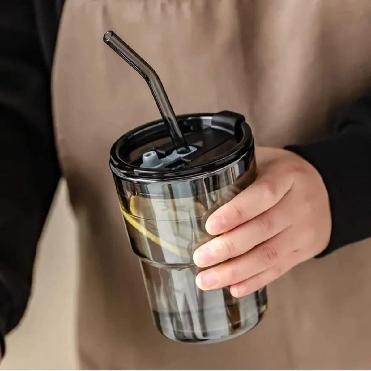 Glass Reusable Sipper Bottle With Leather Sleeve Glass Coffee Mug With Silicone Straw (435ml)