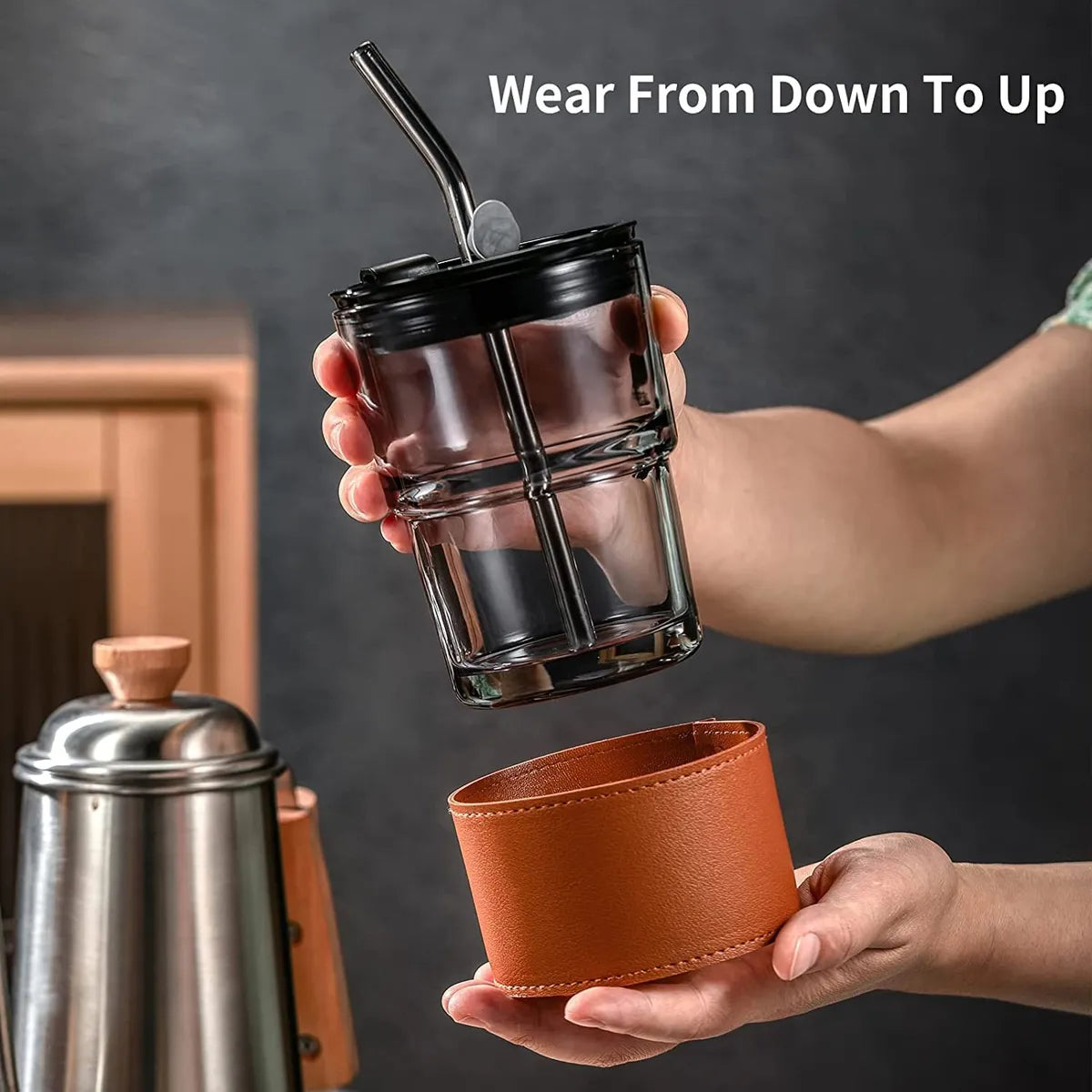 Glass Reusable Sipper Bottle With Leather Sleeve Glass Coffee Mug With Silicone Straw (435ml)