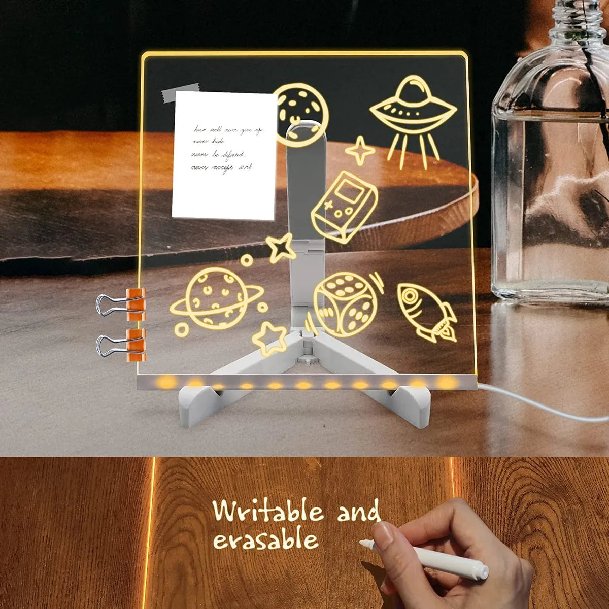 3D Acrylic Dry Erase Board with Stand & Light as a Glow Memo LED Letter Rewritable Message Glass White Board Lamp with 13 Color Pen, Note Daily Painting for Office Home (20x30 CM) (Large)
