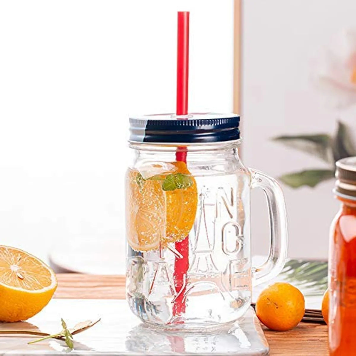 Sophisticated Mason Jar Mugs With Drinking Glass, Random Colour Lid, 450ml Handle And Straw Old Fashioned (Set Of 1)