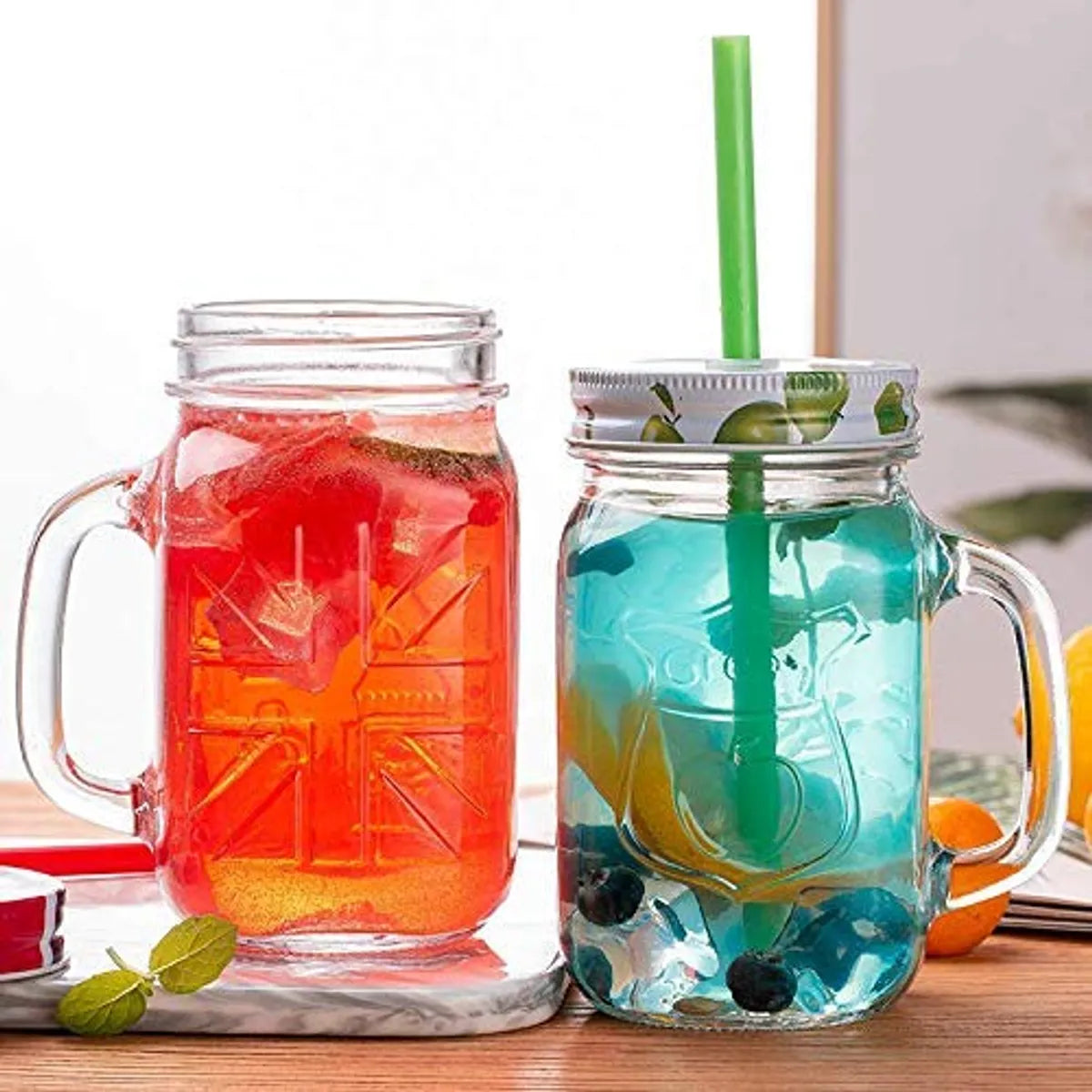 Sophisticated Mason Jar Mugs With Drinking Glass, Random Colour Lid, 450ml Handle And Straw Old Fashioned (Set Of 1)