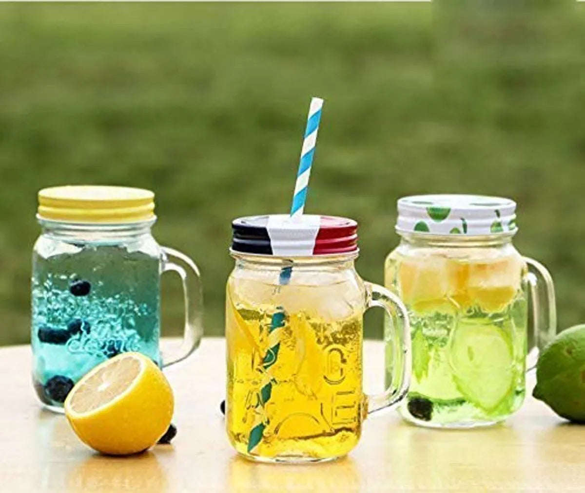 Sophisticated Mason Jar Mugs With Drinking Glass, Random Colour Lid, 450ml Handle And Straw Old Fashioned (Set Of 1)