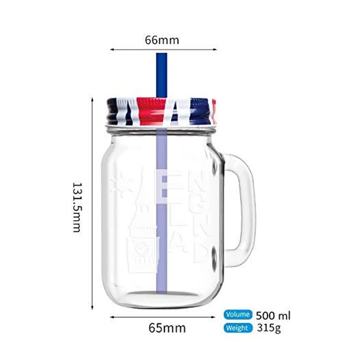 Sophisticated Mason Jar Mugs With Drinking Glass, Random Colour Lid, 450ml Handle And Straw Old Fashioned (Set Of 1)