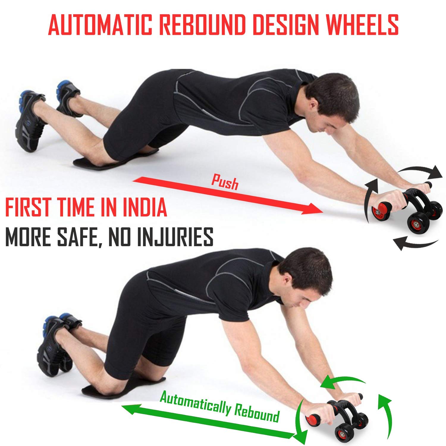 Automatic Rebound Design 4 Wheel Ab Roller With Knee Mat - Abdominal Workout Fitness Exercise Equipment