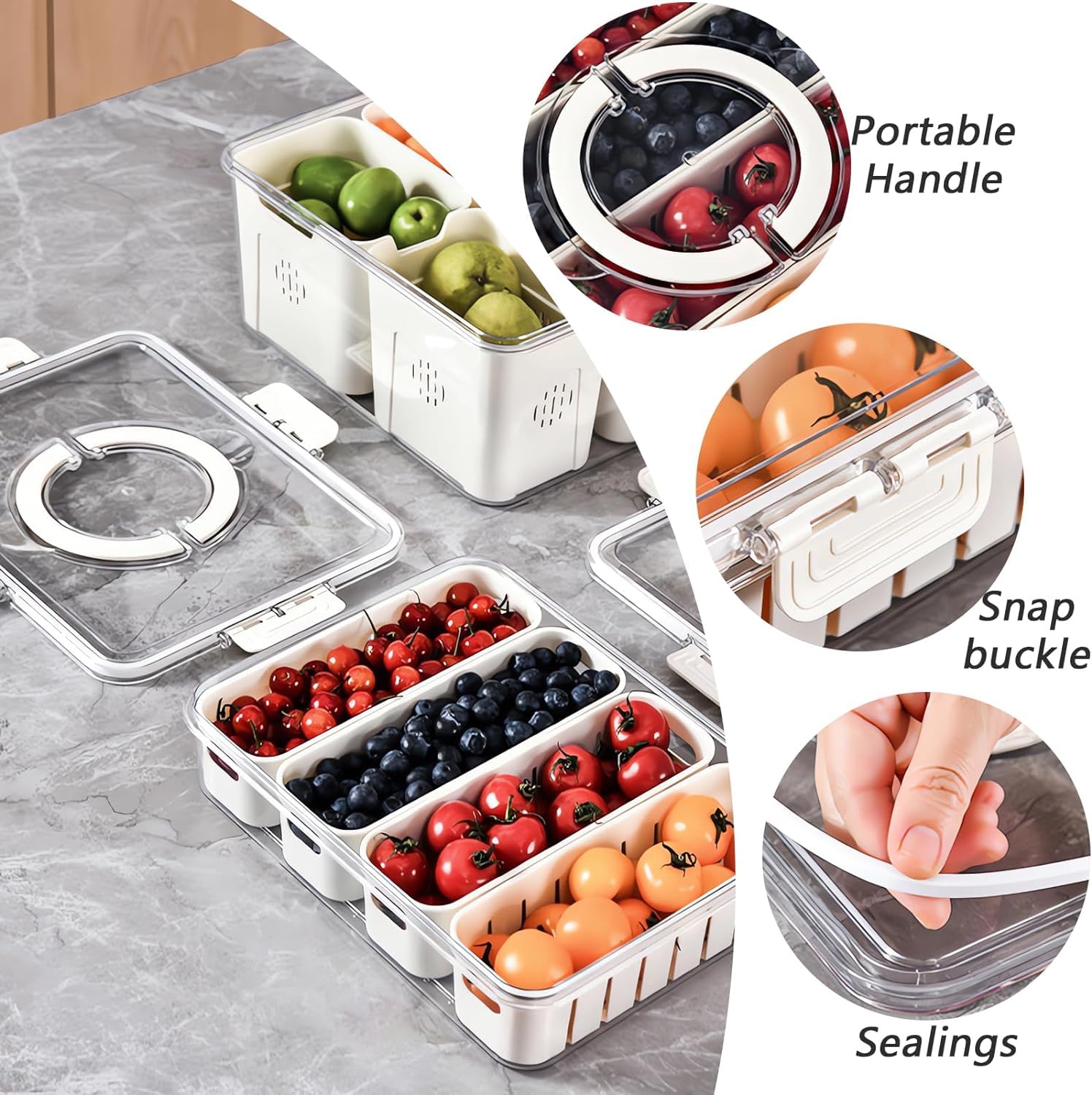 Fridge Storage Boxes With 4 Serving Veggie Tray with Lid and Handle, Fridge Organizer with Removable 4 Compartment