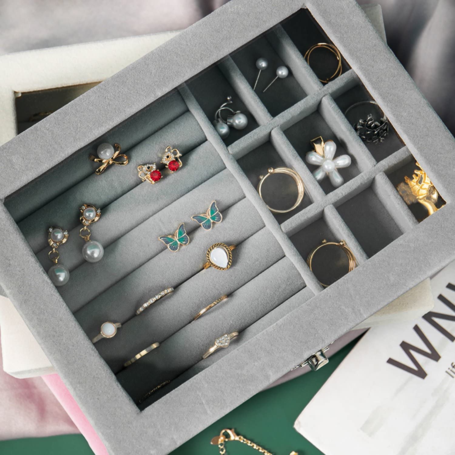 Jewellery Box Organiser 9 Grids Jewelry Storage Case, Velvet Lockable Jewellery Organiser, Removal Tray, Ring Storage Slot, Ring Jewellery Display Storage Box Tray