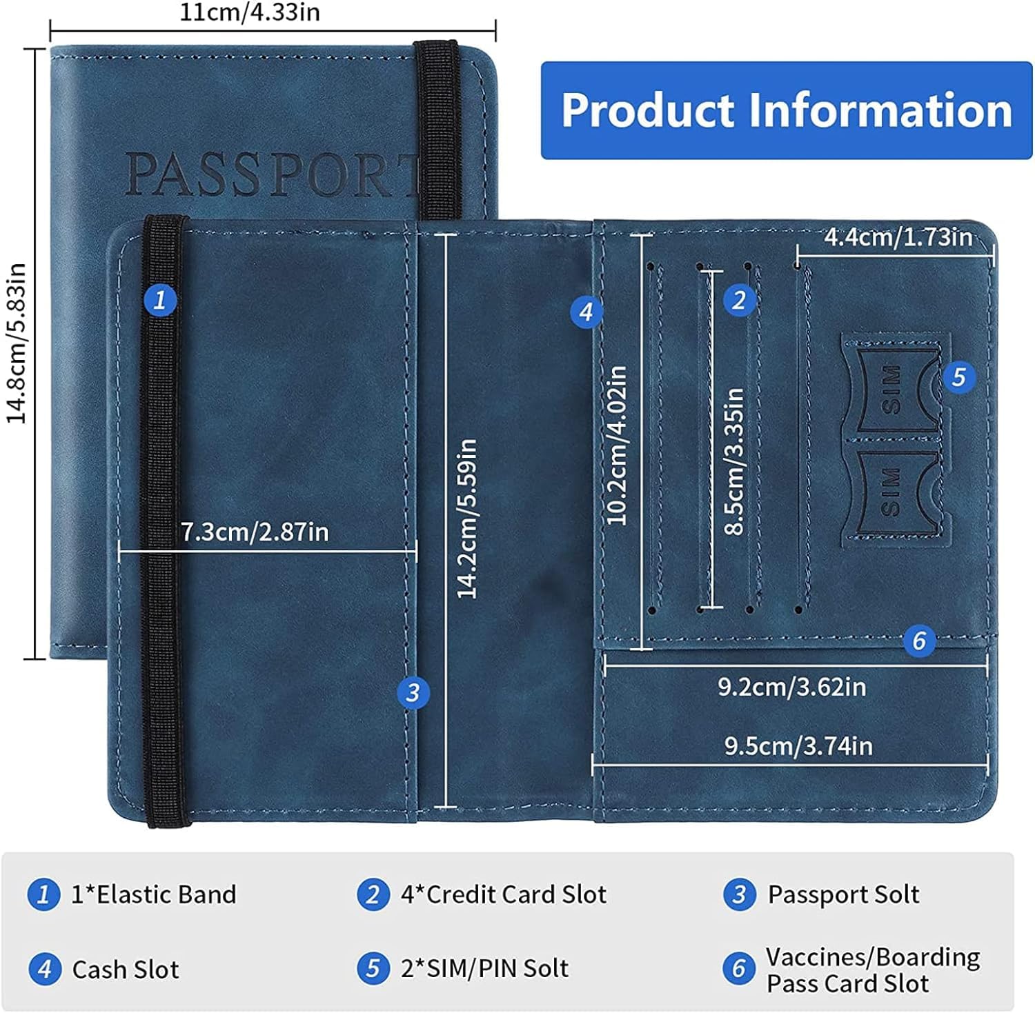 Passport Holder Cover Wallet RFID Blocking PU Leather Travel Document Holder, Card Case Travel Accessories for Women Men (Blue)