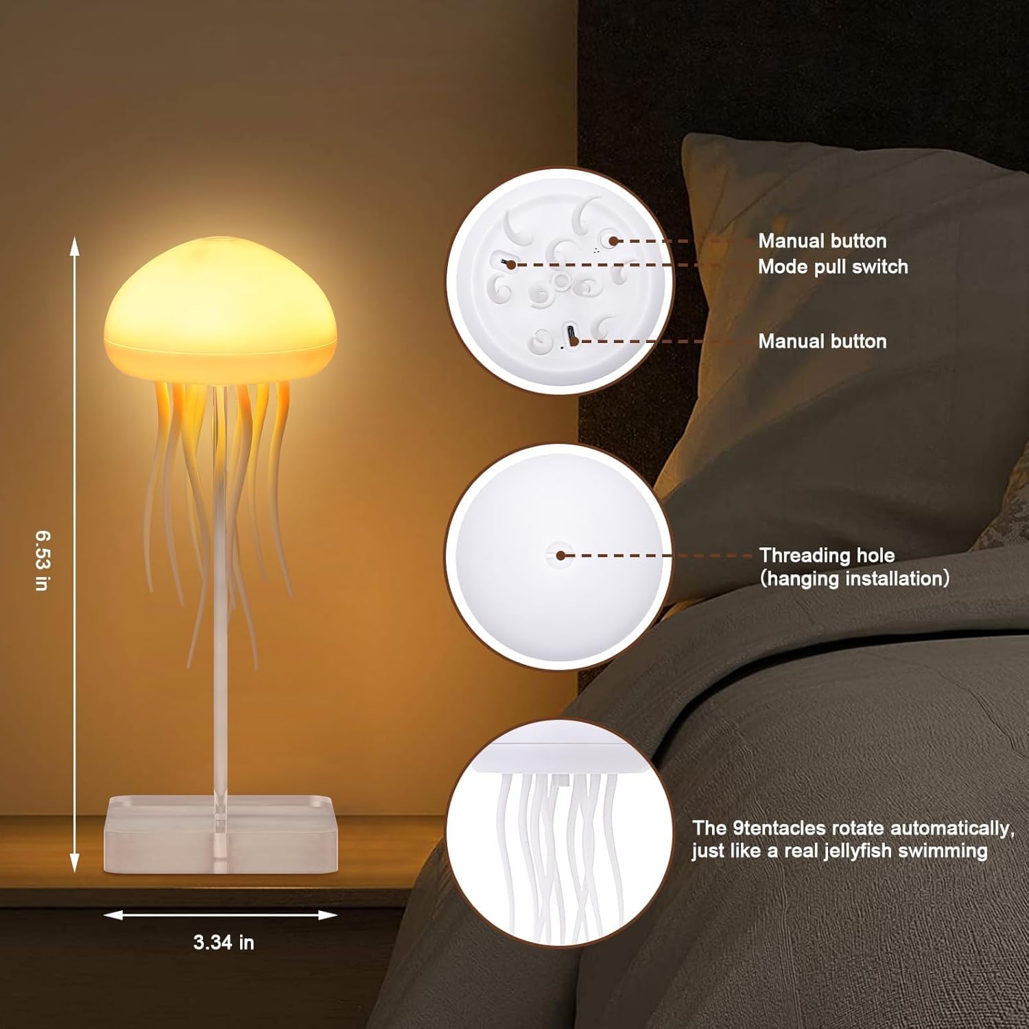 Jellyfish Night Light Lamp, Baby LED Color Changing Lamp for Kids, Baby Room Decor, Aesthetic Gifts for Girls, Boys, Friends & Ocean Lovers Night Lamps Hanging Base (Jelly Fish)