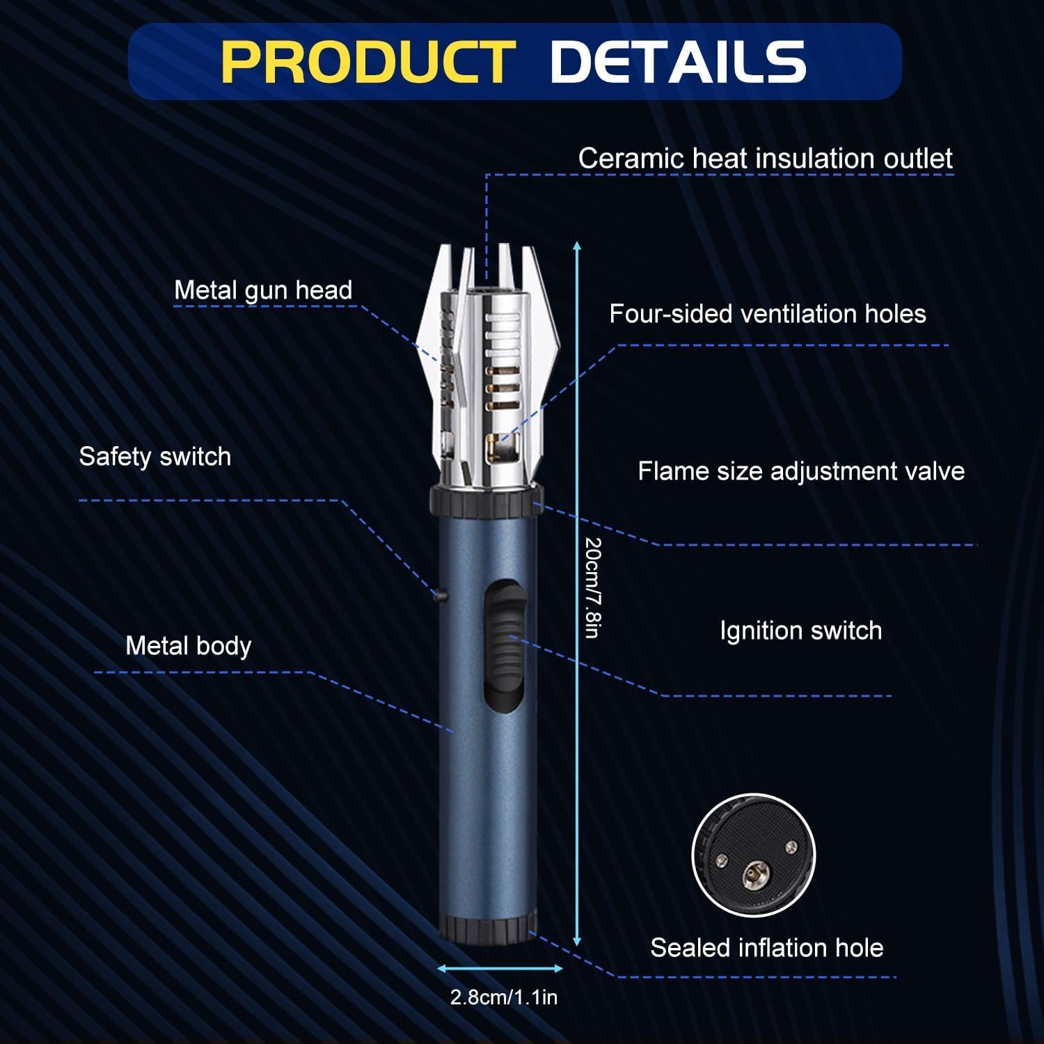 Torch flam Lighter, Bright Fire Lighter with Safety Lock & Adjustable Red/Blue Flame. Refillable Butane Gas Windproof Jet Flame Cool Lighters