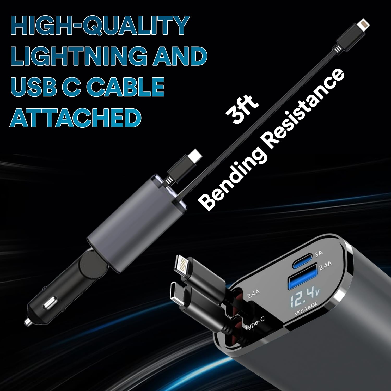 Retractable Car Charger, 120W 4 in 1 Super Fast Charge Car Phone Charger with Retractable Cables (31.5 Inch) + 2 USB Ports Car Adapter for iPhone 16/15/14/13/12 Pro Max Xr, Ipad, Pixel