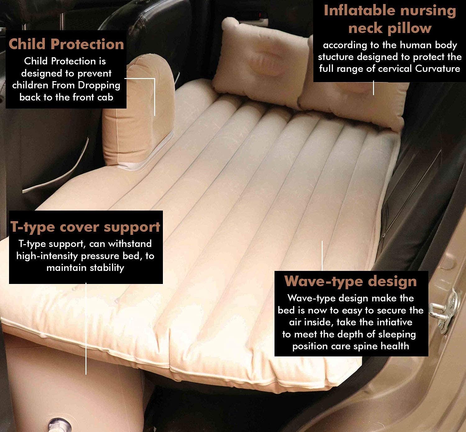 Premium Car Inflatable Bed with Pump & 2 Air Pillow | Quick Inflatable Back Seat Bed | Car Inflatable Mattres | Car Bed Mattress | Car Bed for Kids,Travel,Trip,Camping,Picnic, Beach (Beige)