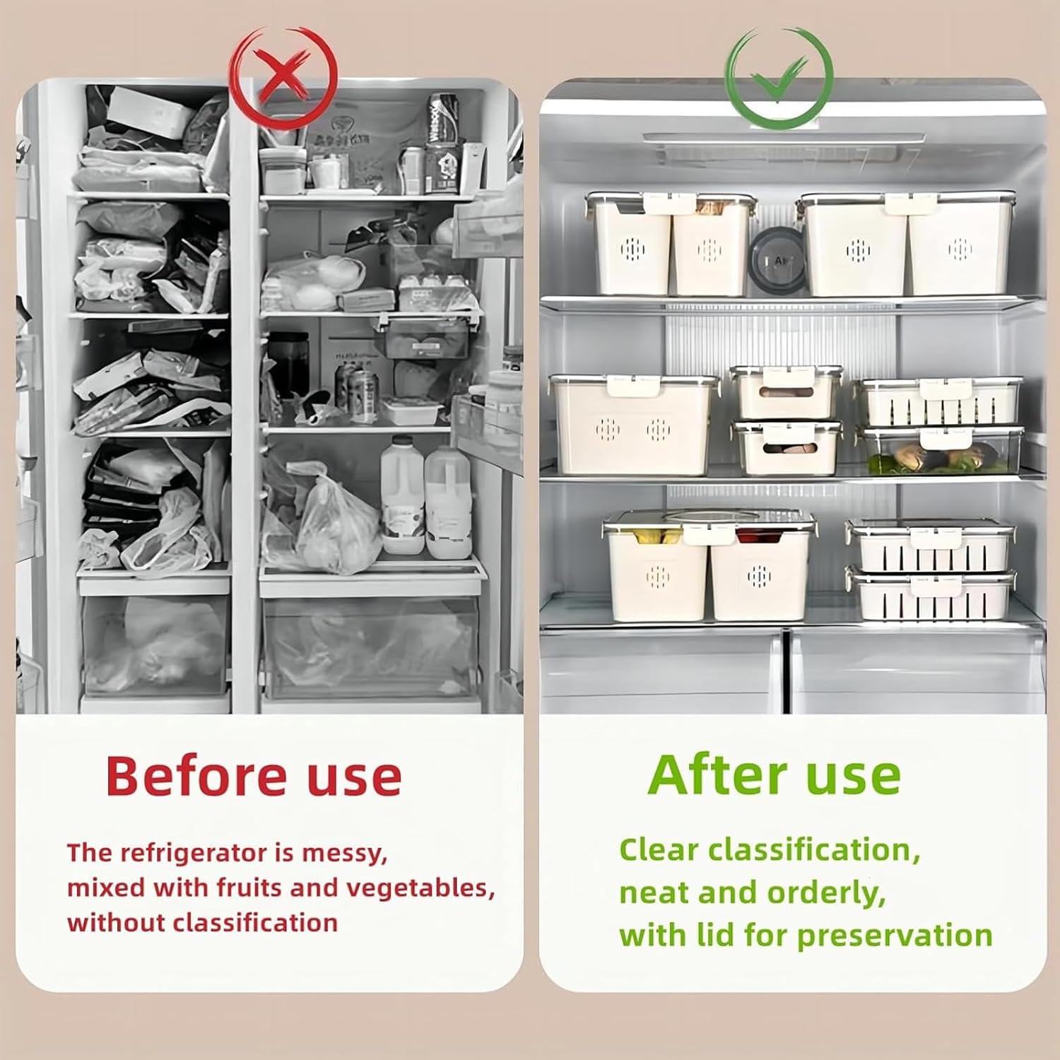 Fridge Storage Boxes With 4 Serving Veggie Tray with Lid and Handle, Fridge Organizer with Removable 4 Compartment