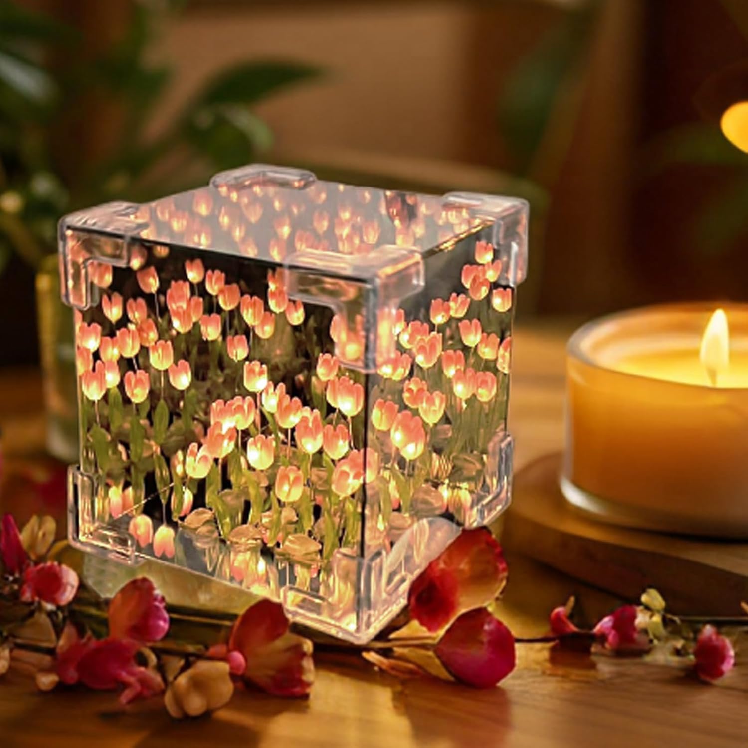 Do It Yourself - Tulip Cube Mirror Lamp, 30 Flowers LED Decorative Lamp, 2 in 1 Mirror & Table Ornaments for Bedroom Livingroom Desktop Decor Birthday Gift
