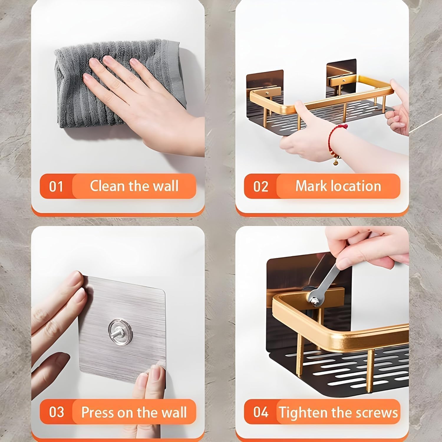 Self-Adhesive Multipurpose Wall Mounted Golden Bathroom Shelf and Rack for Kitchen,Space Saving Organizer Shelf, Punch Free Wall Shelves, Wall Stand