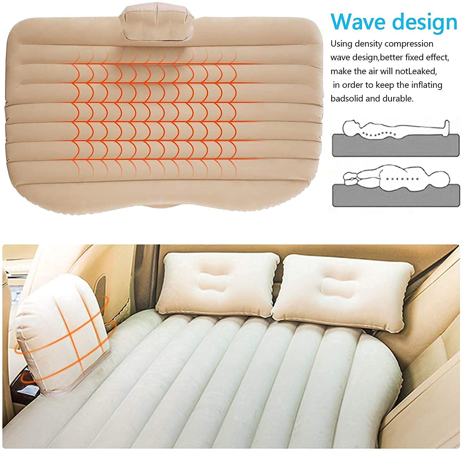 Premium Car Inflatable Bed with Pump & 2 Air Pillow | Quick Inflatable Back Seat Bed | Car Inflatable Mattres | Car Bed Mattress | Car Bed for Kids,Travel,Trip,Camping,Picnic, Beach (Beige)