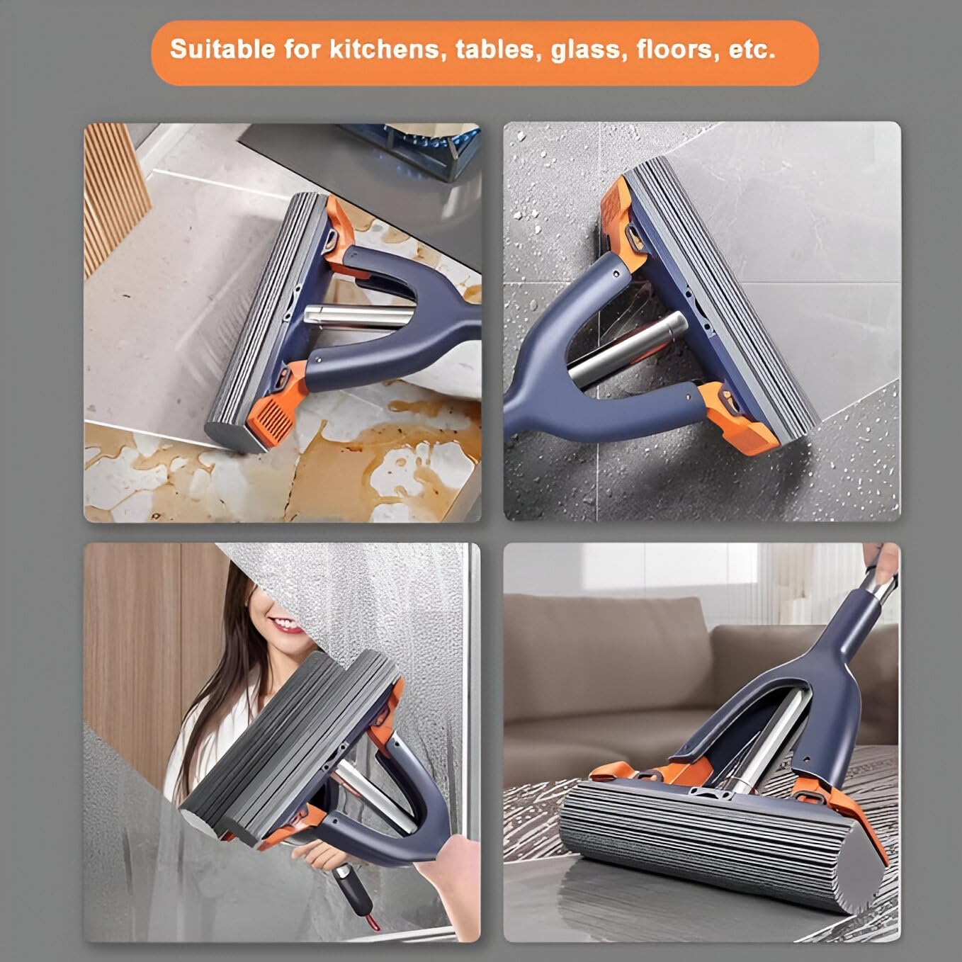 Sponge Mop Foldable Floor Cleaning Squeeze Mop Wiper with Adjustable Telescopic Handle Absorber Sponge