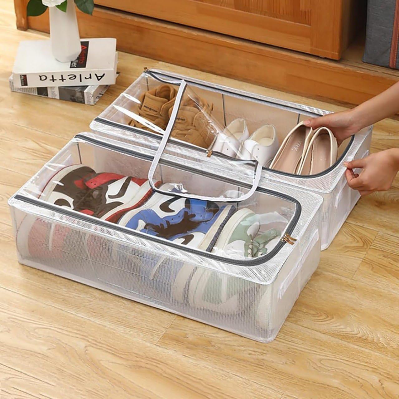 Transparent Under-Bed Clothes Storage Bag Organizer With Folding And Dustproof, Reinforced Handle With Zipper For Blanket, Toys, Shoes (27 Litre), 60X30X15 Cm(1 pcs)