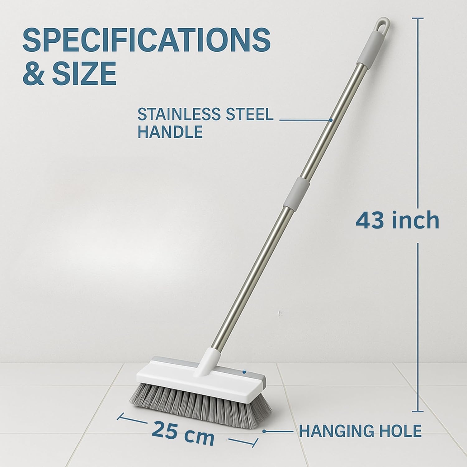 2 in 1 Bathroom Cleaning Brush with Wiper, Tile Cleaner Brush, Long Handle, White