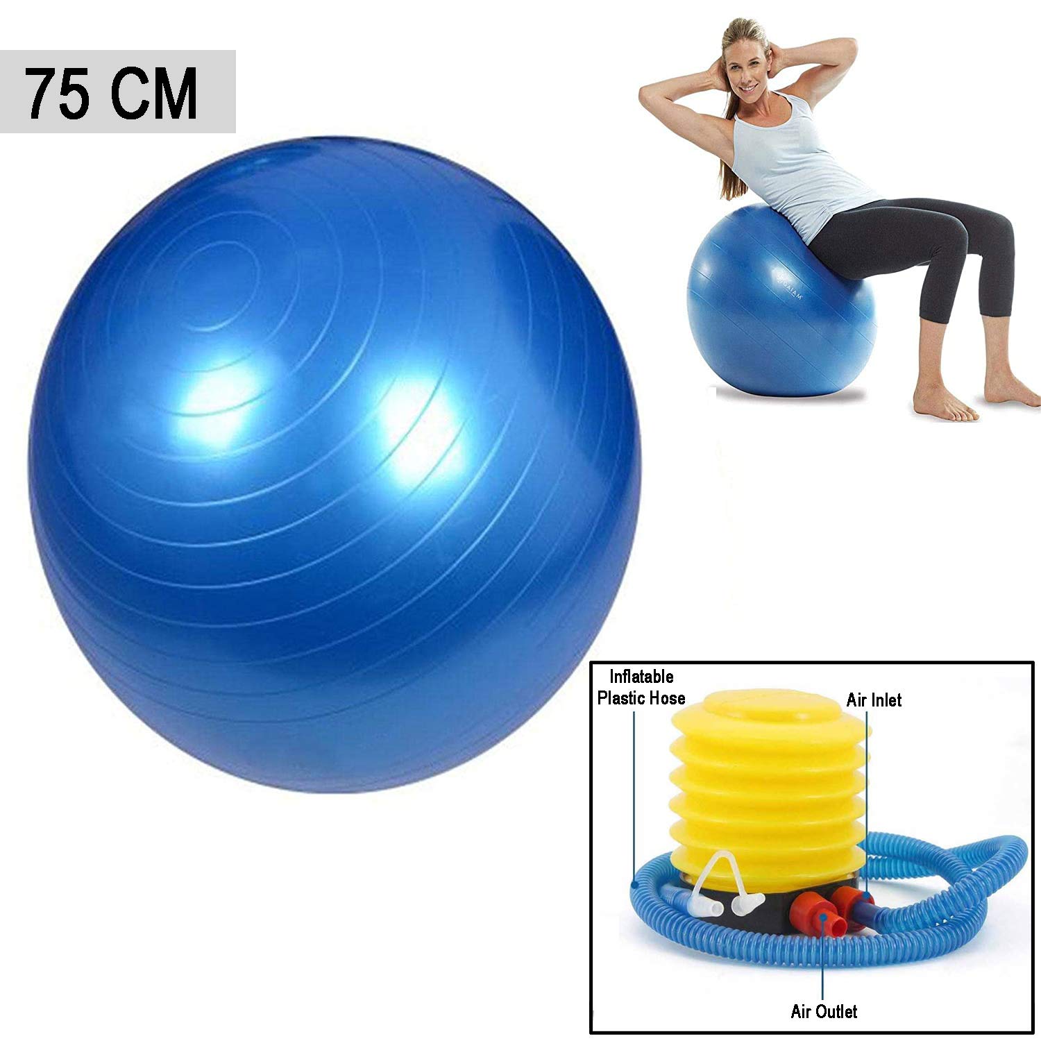 Anti Burst Exercise Gym Ball with Pump Anti-Slip Balance Stability Ball Yoga Ball Extra Thick Swiss Birthing Exercise Ball for Home 75 CM (Multi Color)