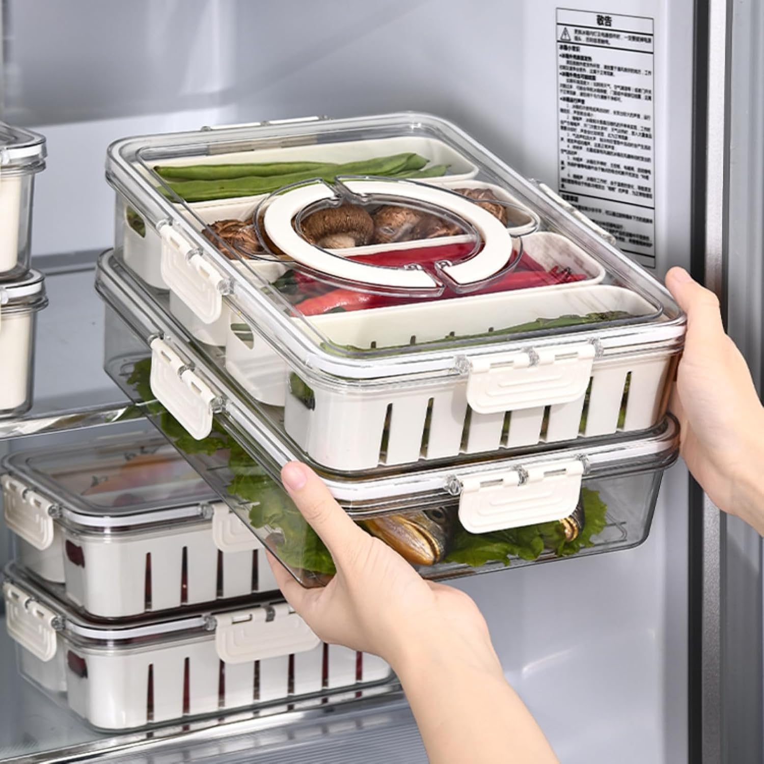 Fridge Storage Boxes With 4 Serving Veggie Tray with Lid and Handle, Fridge Organizer with Removable 4 Compartment