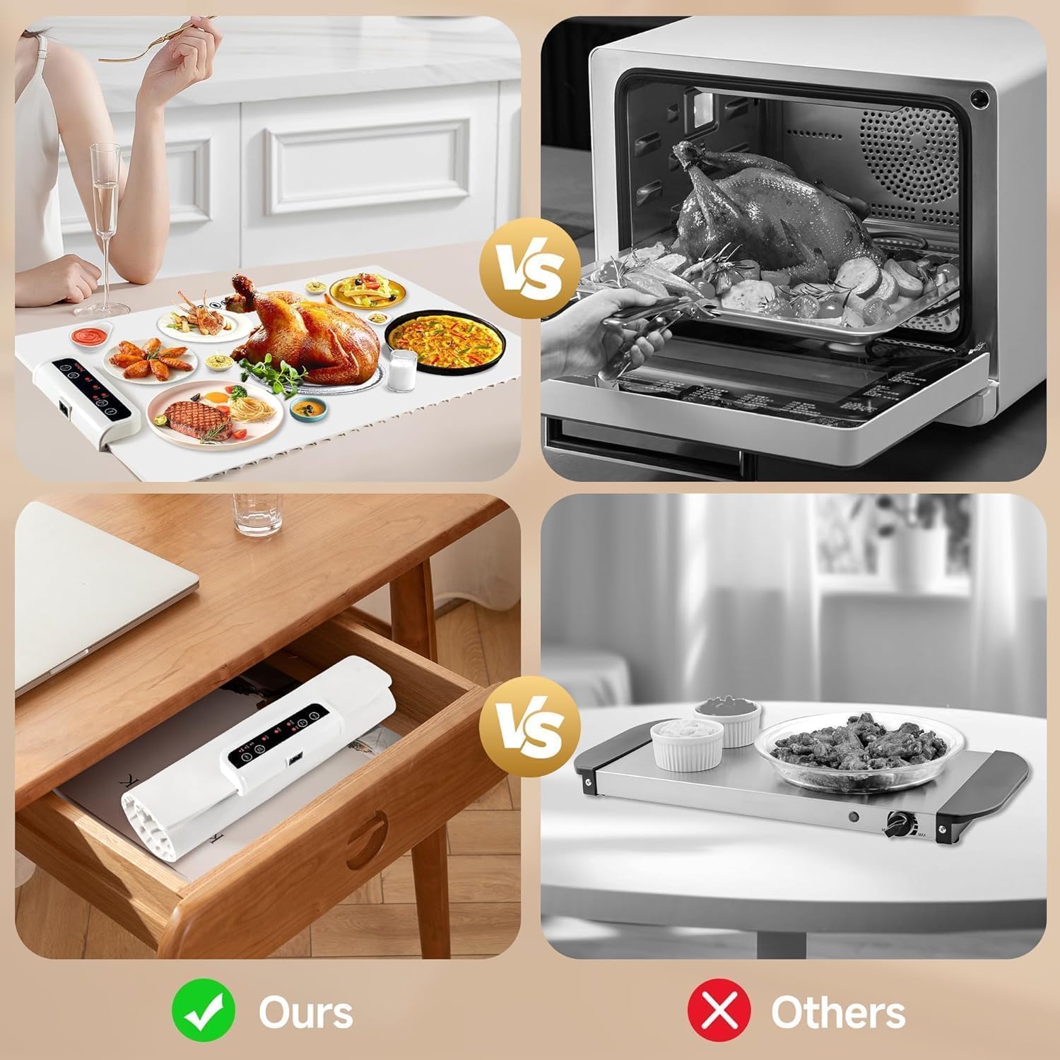 Electric Food Warmer, Full Surface Heating Food Warmer Mat Electric Plate with 3 Temperature Settings, Portable Heater Tray Food Warming Mat