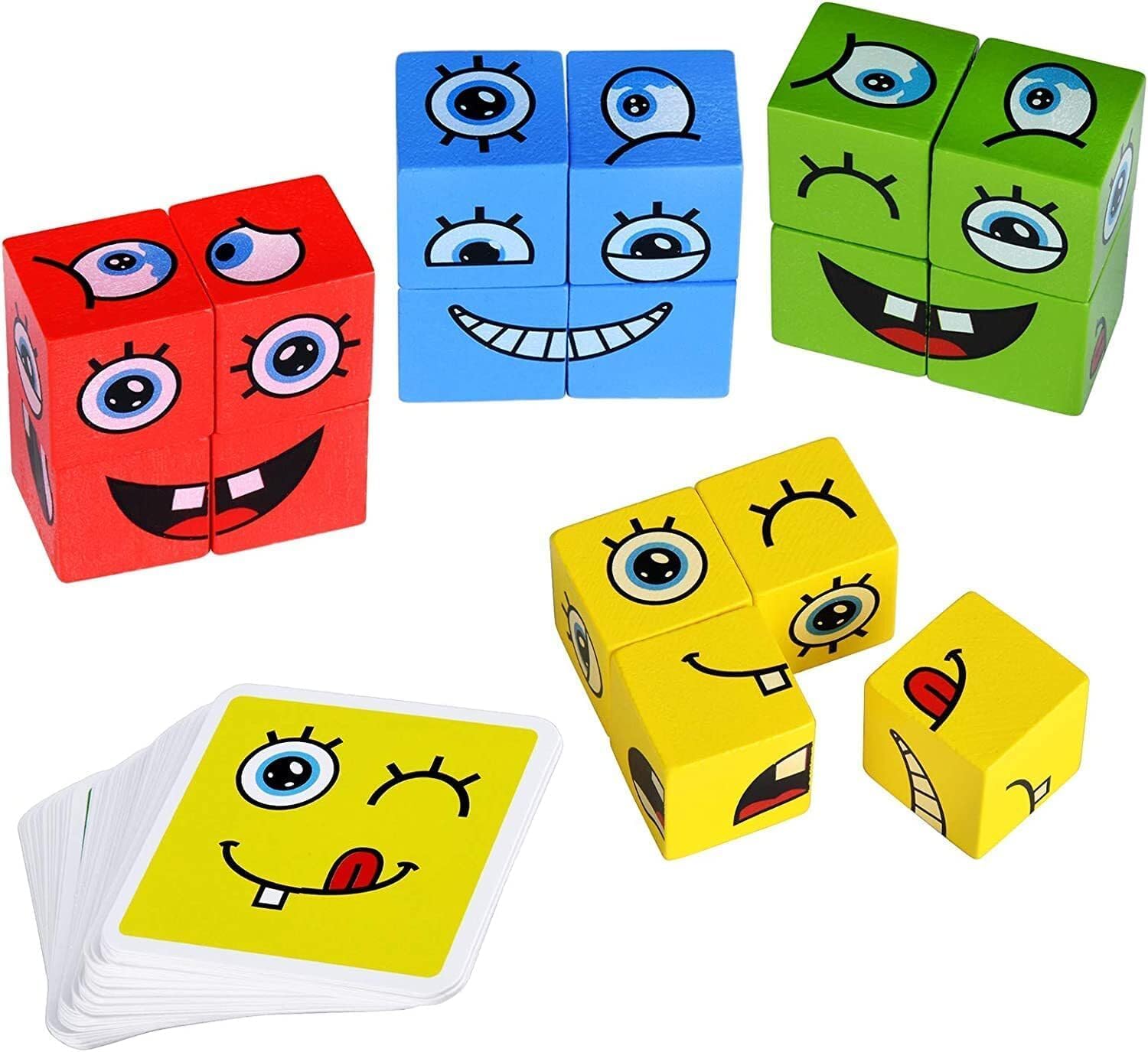 Wooden Emoji Face Changing Cube Puzzle Game Expressions Matching Block Puzzles Building Logical Educational Training Toys 16 Face Blocks & 72 Playing Cards Birthday Gift for Kids Boys Girls