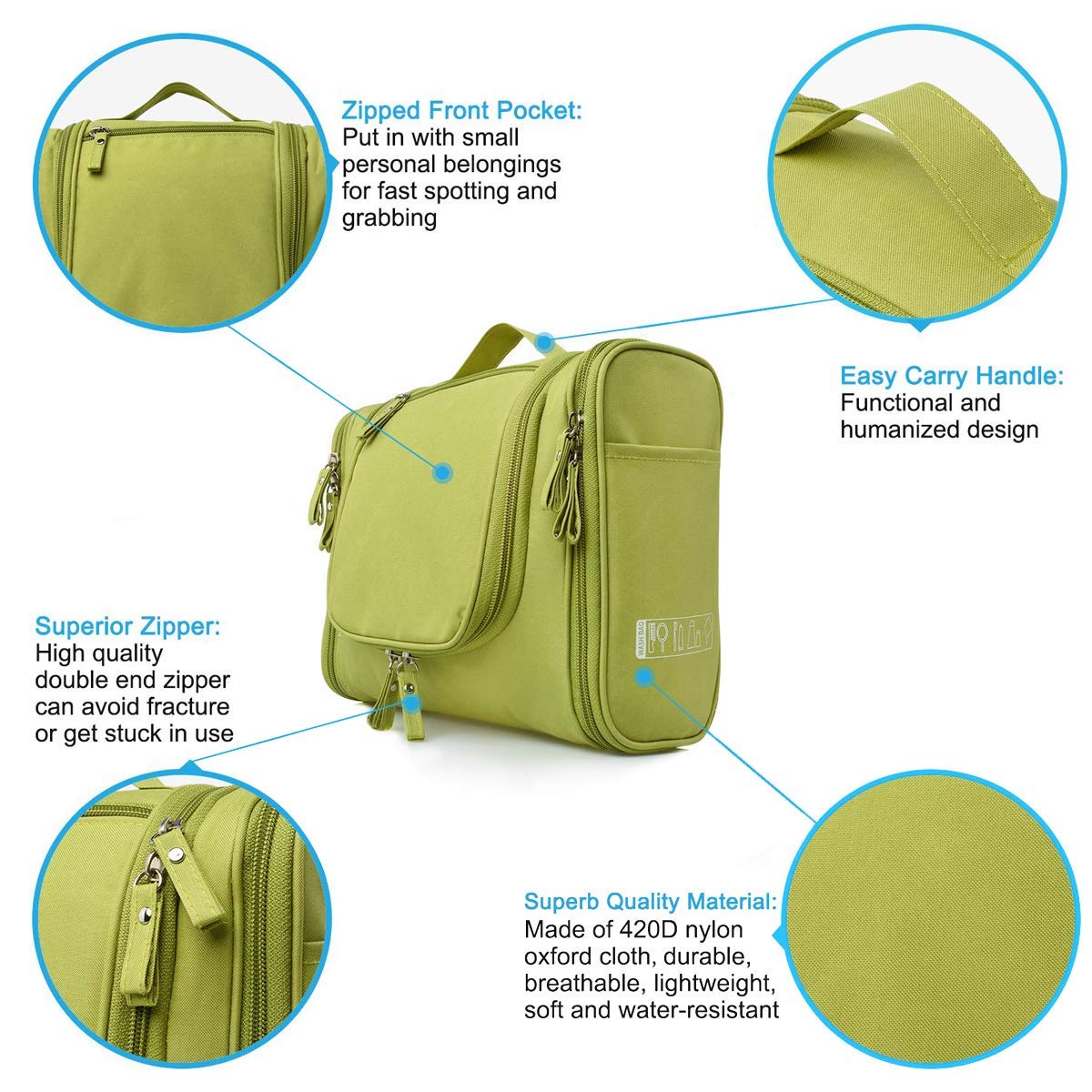 Nylon Toiletry Bag for Women Makeup Pouch Waterproof Shower Wash Bag Cosmetic Organizer Case Travel Kit Pack with Hook (Green)
