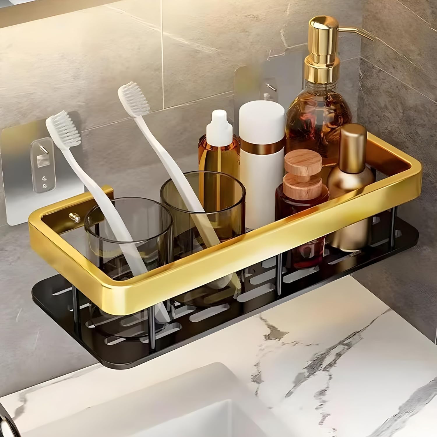 Self-Adhesive Multipurpose Wall Mounted Golden Bathroom Shelf and Rack for Kitchen,Space Saving Organizer Shelf, Punch Free Wall Shelves, Wall Stand
