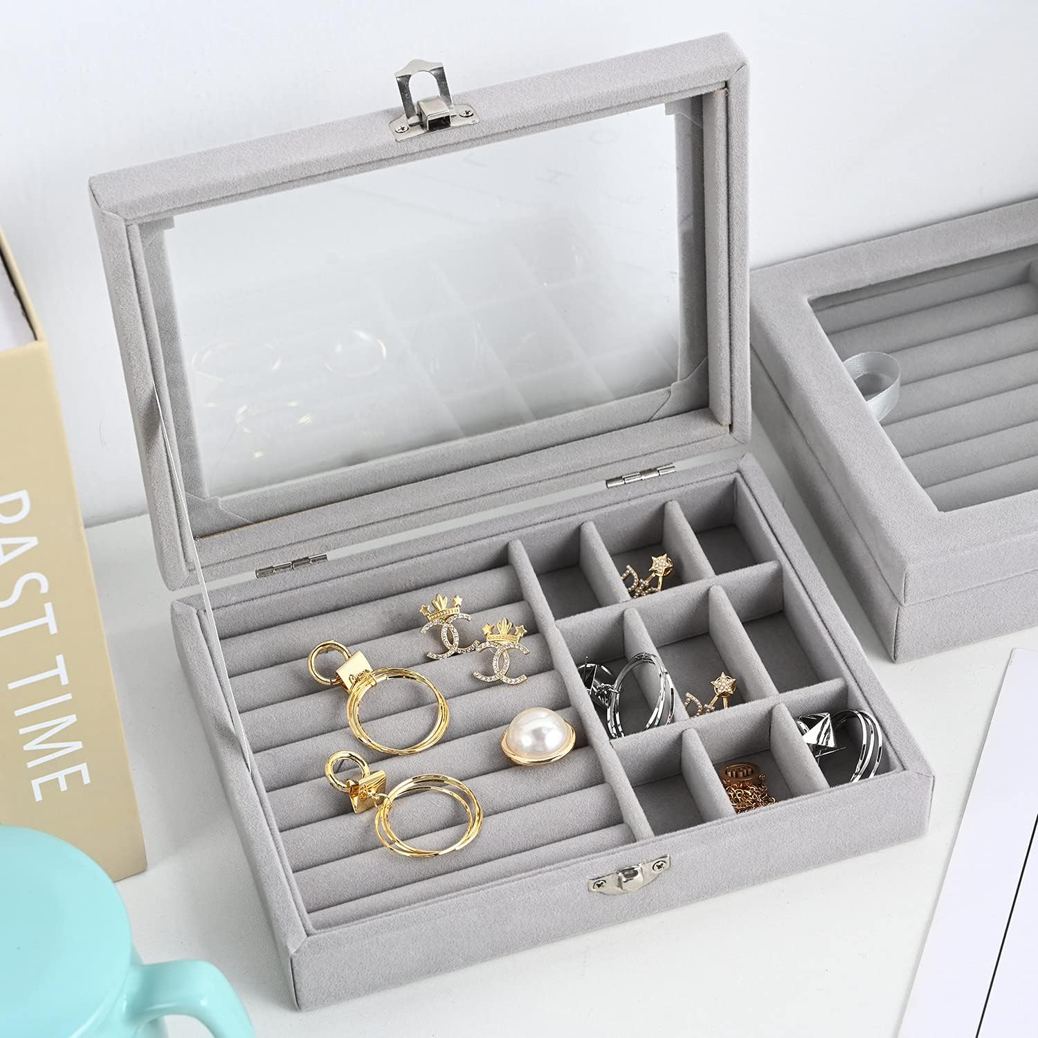 Jewellery Box Organiser 9 Grids Jewelry Storage Case, Velvet Lockable Jewellery Organiser, Removal Tray, Ring Storage Slot, Ring Jewellery Display Storage Box Tray