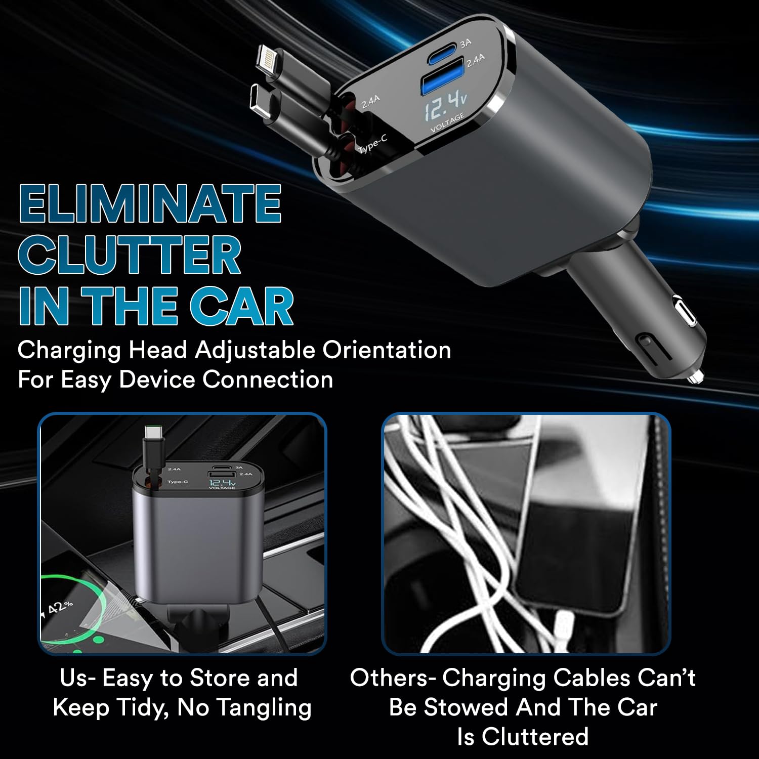 Retractable Car Charger, 120W 4 in 1 Super Fast Charge Car Phone Charger with Retractable Cables (31.5 Inch) + 2 USB Ports Car Adapter for iPhone 16/15/14/13/12 Pro Max Xr, Ipad, Pixel