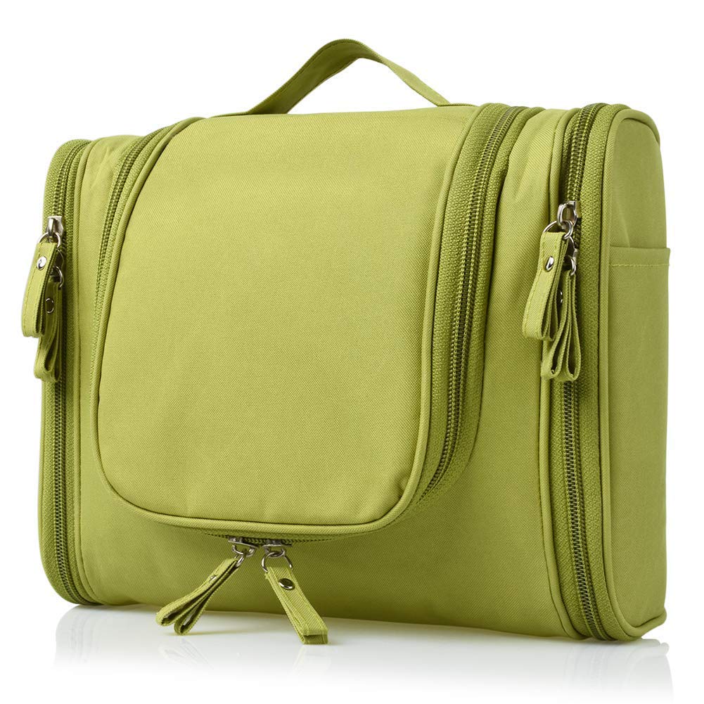 Nylon Toiletry Bag for Women Makeup Pouch Waterproof Shower Wash Bag Cosmetic Organizer Case Travel Kit Pack with Hook (Green)