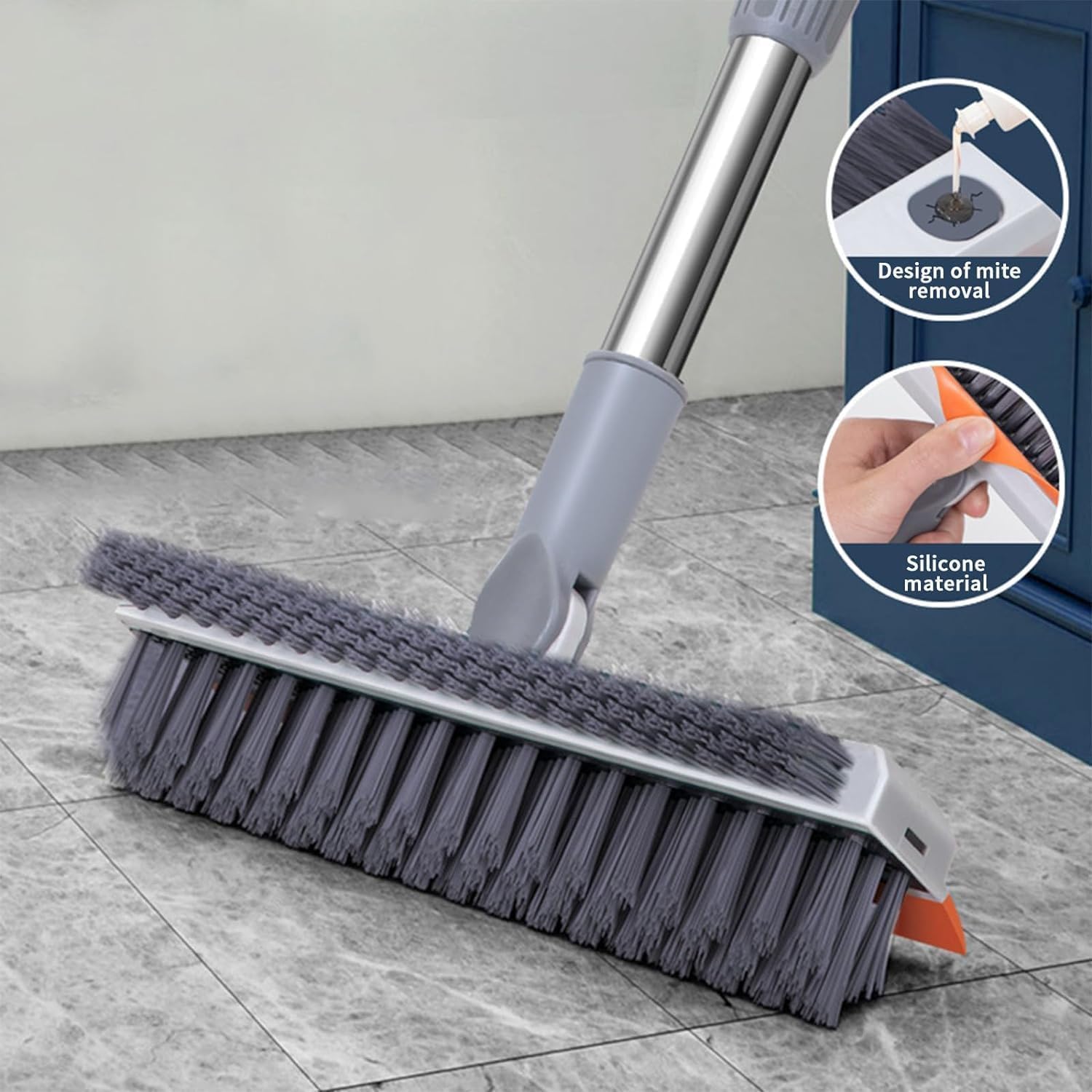3 in 1 Bathroom Cleaning Brush with Wiper and Long Handle - 180° Rotate Floor Scrub Brush for Tiles
