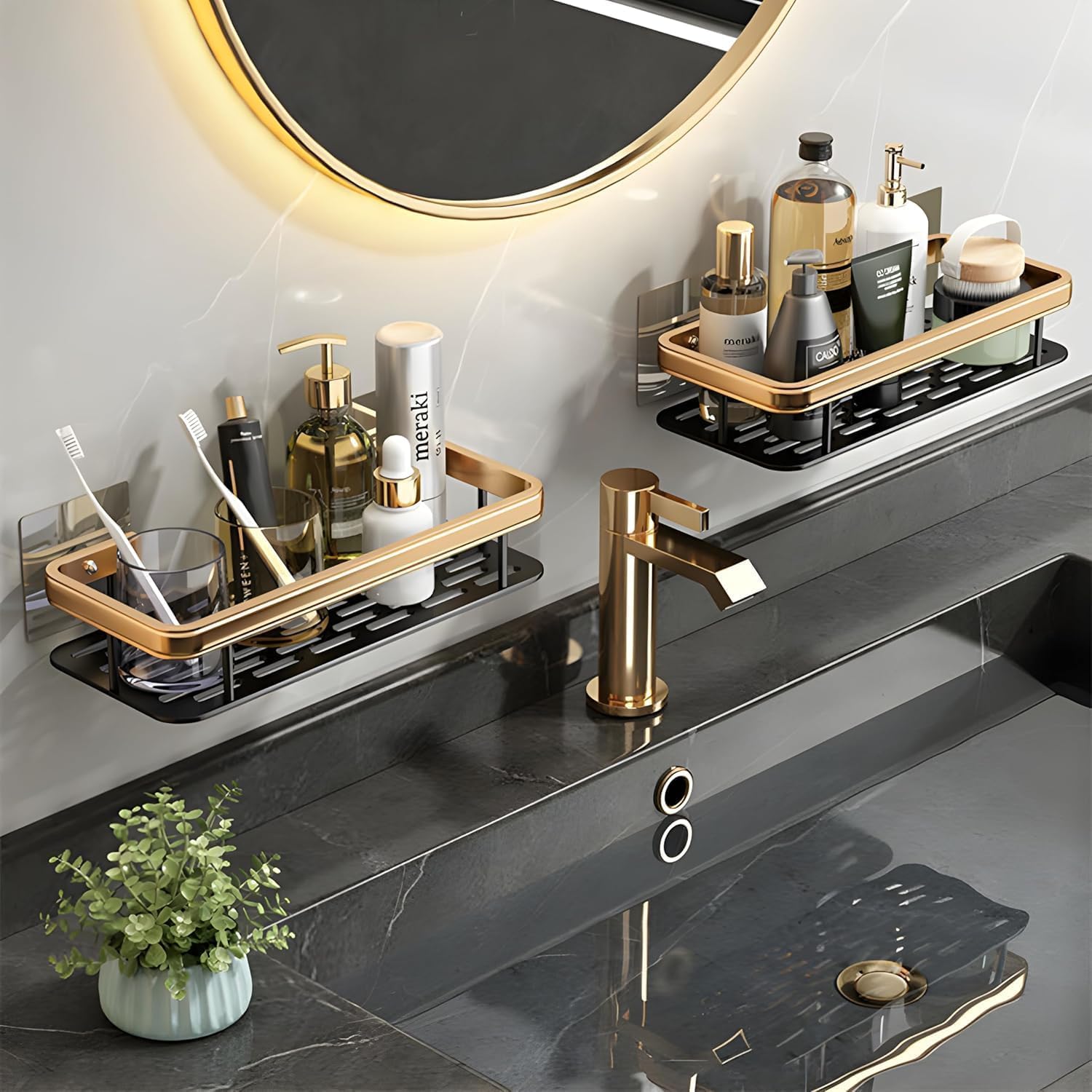 Self-Adhesive Multipurpose Wall Mounted Golden Bathroom Shelf and Rack for Kitchen,Space Saving Organizer Shelf, Punch Free Wall Shelves, Wall Stand