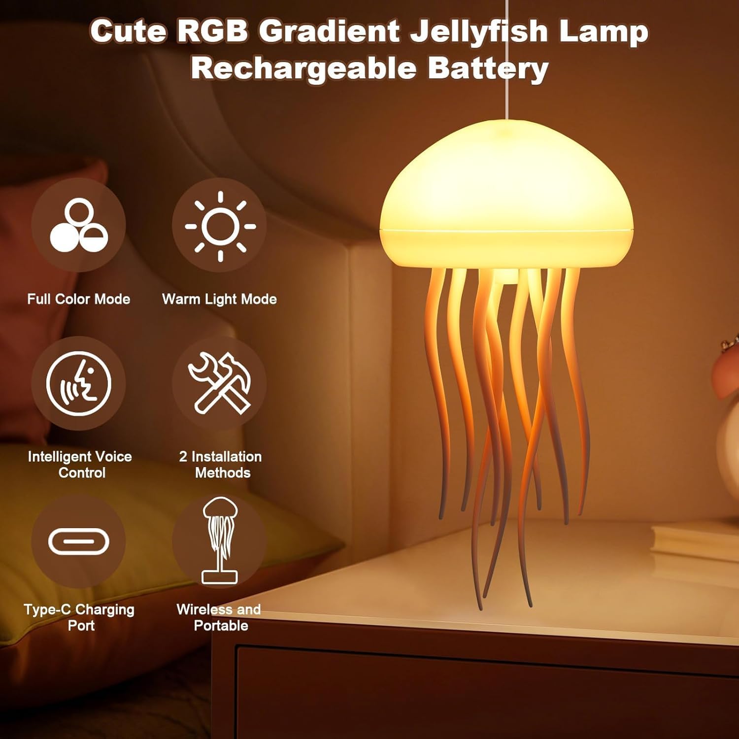 Jellyfish Night Light Lamp, Baby LED Color Changing Lamp for Kids, Baby Room Decor, Aesthetic Gifts for Girls, Boys, Friends & Ocean Lovers Night Lamps Hanging Base (Jelly Fish)