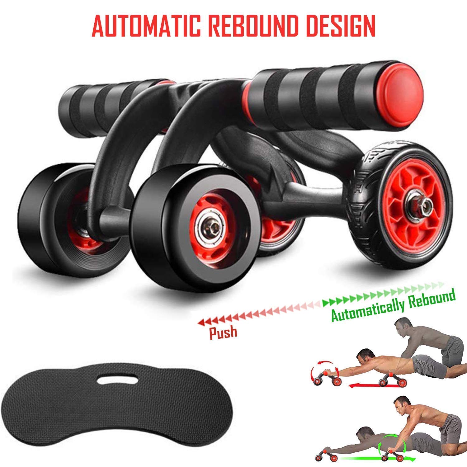 Automatic Rebound Design 4 Wheel Ab Roller With Knee Mat - Abdominal Workout Fitness Exercise Equipment