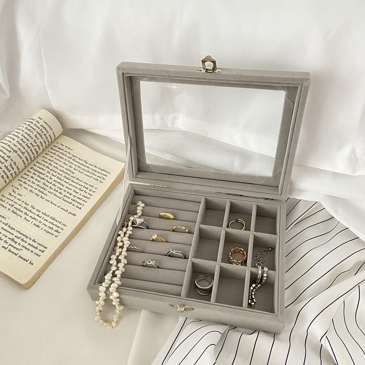 Jewellery Box Organiser 9 Grids Jewelry Storage Case, Velvet Lockable Jewellery Organiser, Removal Tray, Ring Storage Slot, Ring Jewellery Display Storage Box Tray