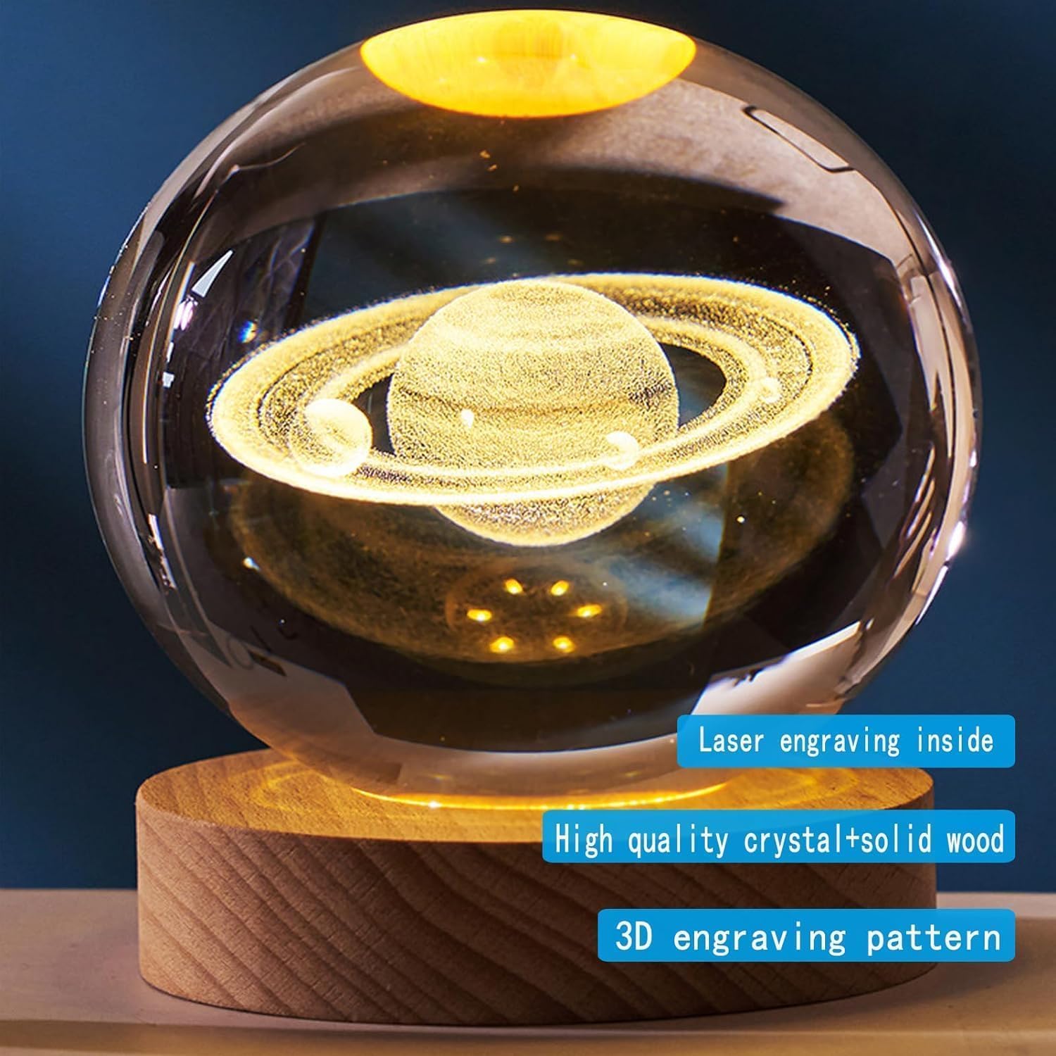 Solar System Crystal Ball Night Lamp 2.4 inch, 3D Galaxy Ball lamp 60 MM USB Table Colorful LED Wooden Base Crystal Ball for Home Decoration Birthday Gift (Moon)