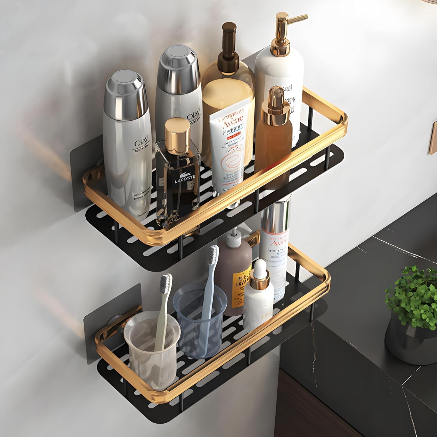 Self-Adhesive Multipurpose Wall Mounted Golden Bathroom Shelf and Rack for Kitchen,Space Saving Organizer Shelf, Punch Free Wall Shelves, Wall Stand