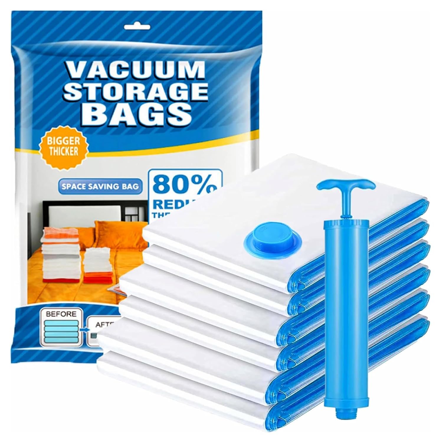 Vacuum Storage Bags (5 Pcs) Space Saver Vacuum Storage Bags Reusable Clothes Storage Bags Vacuum Seal Bags for Clothing, Comforters, Blankets, Bedding(2 Medium/2 Large/1 Jumbo/1 Pump)