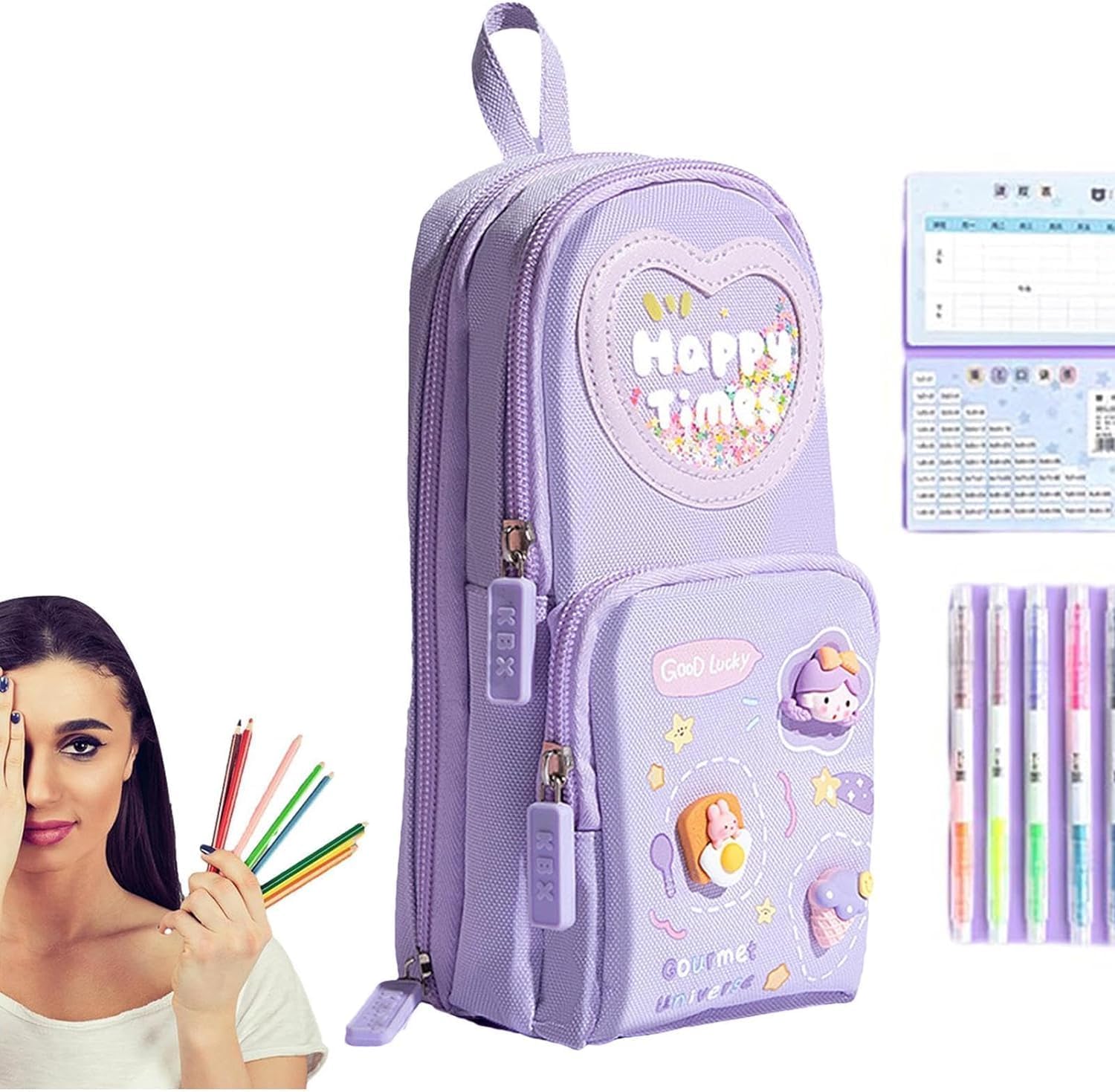 Premium Pencil Case 6 Layer with 3 Compartment Cute Aesthetic Pencil Case,Stationery Organizer for School Supplies, Office, and Travel | Ideal Gift for Girls and Art Lovers (Happy-Purple)