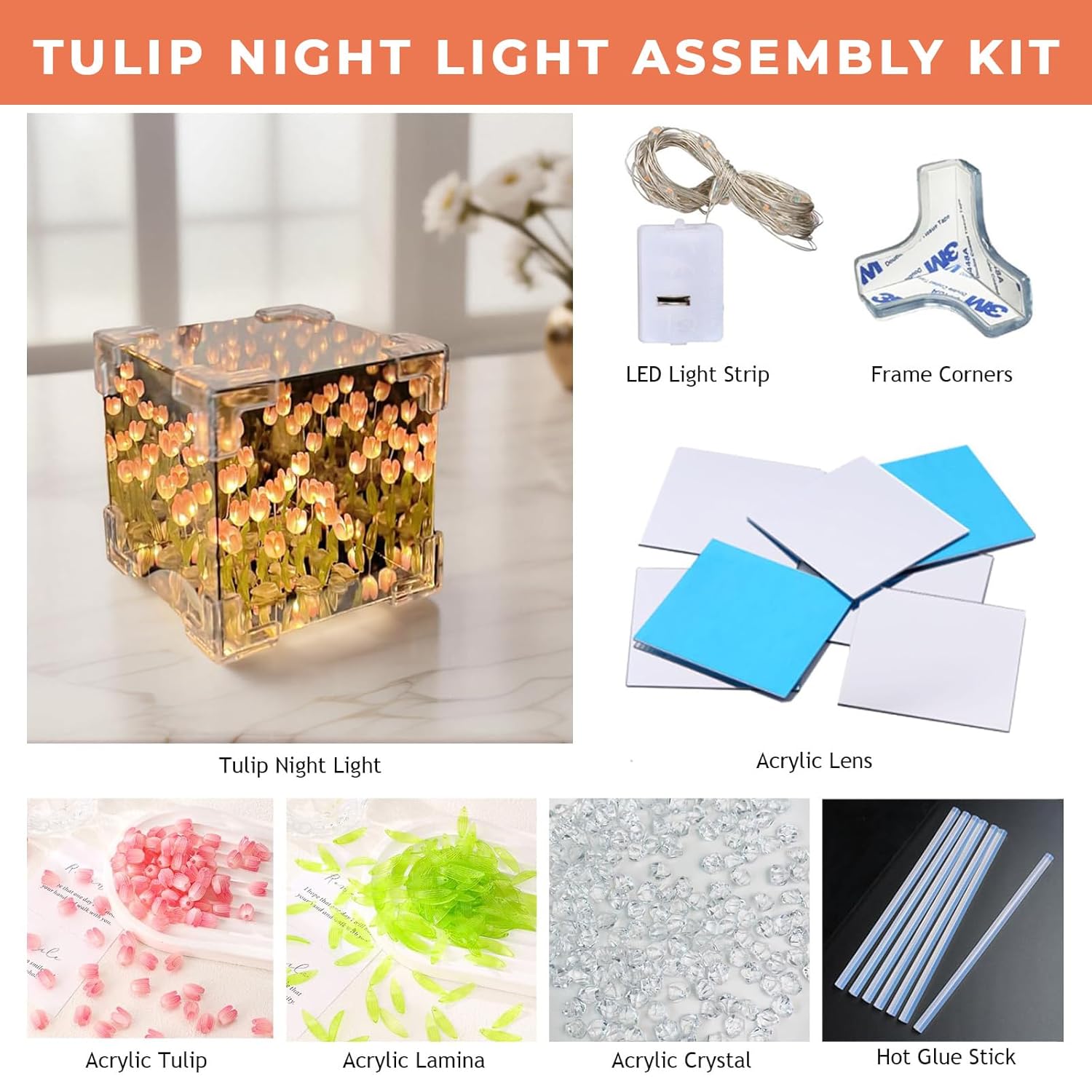 Do It Yourself - Tulip Cube Mirror Lamp, 30 Flowers LED Decorative Lamp, 2 in 1 Mirror & Table Ornaments for Bedroom Livingroom Desktop Decor Birthday Gift