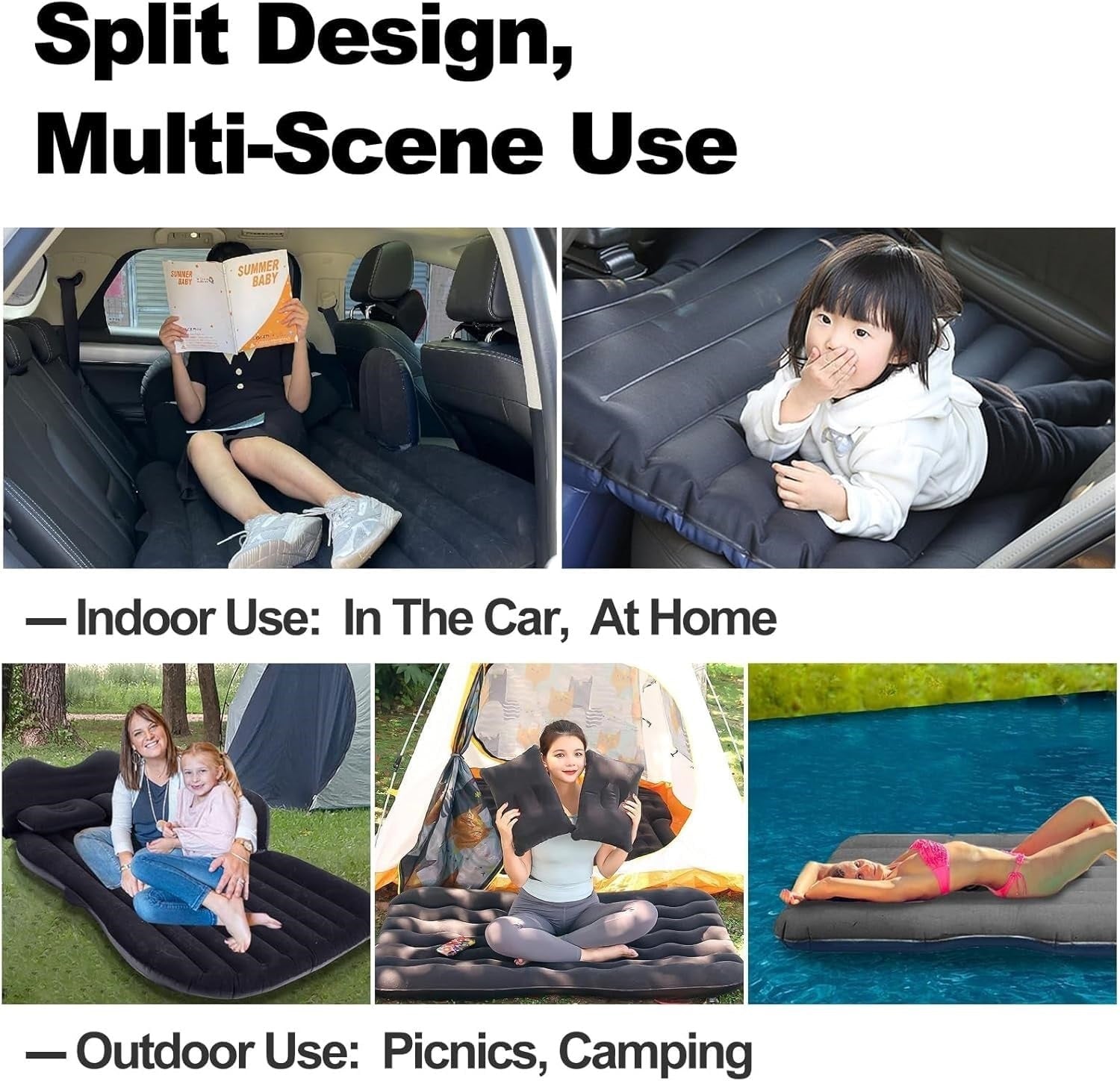 Premium Car Inflatable Bed with Pump & 2 Air Pillow | Quick Inflatable Back Seat Bed | Car Inflatable Mattres | Car Bed Mattress | Car Bed for Kids,Travel,Trip,Camping,Picnic, Beach (Black)