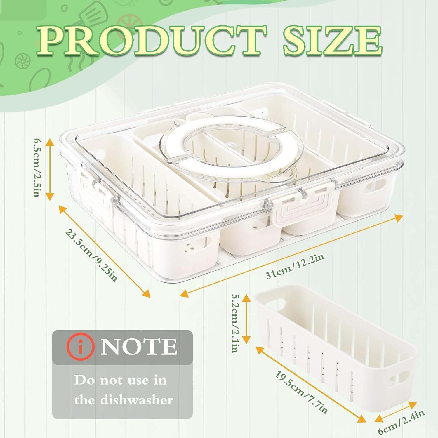 Fridge Storage Boxes With 4 Serving Veggie Tray with Lid and Handle, Fridge Organizer with Removable 4 Compartment