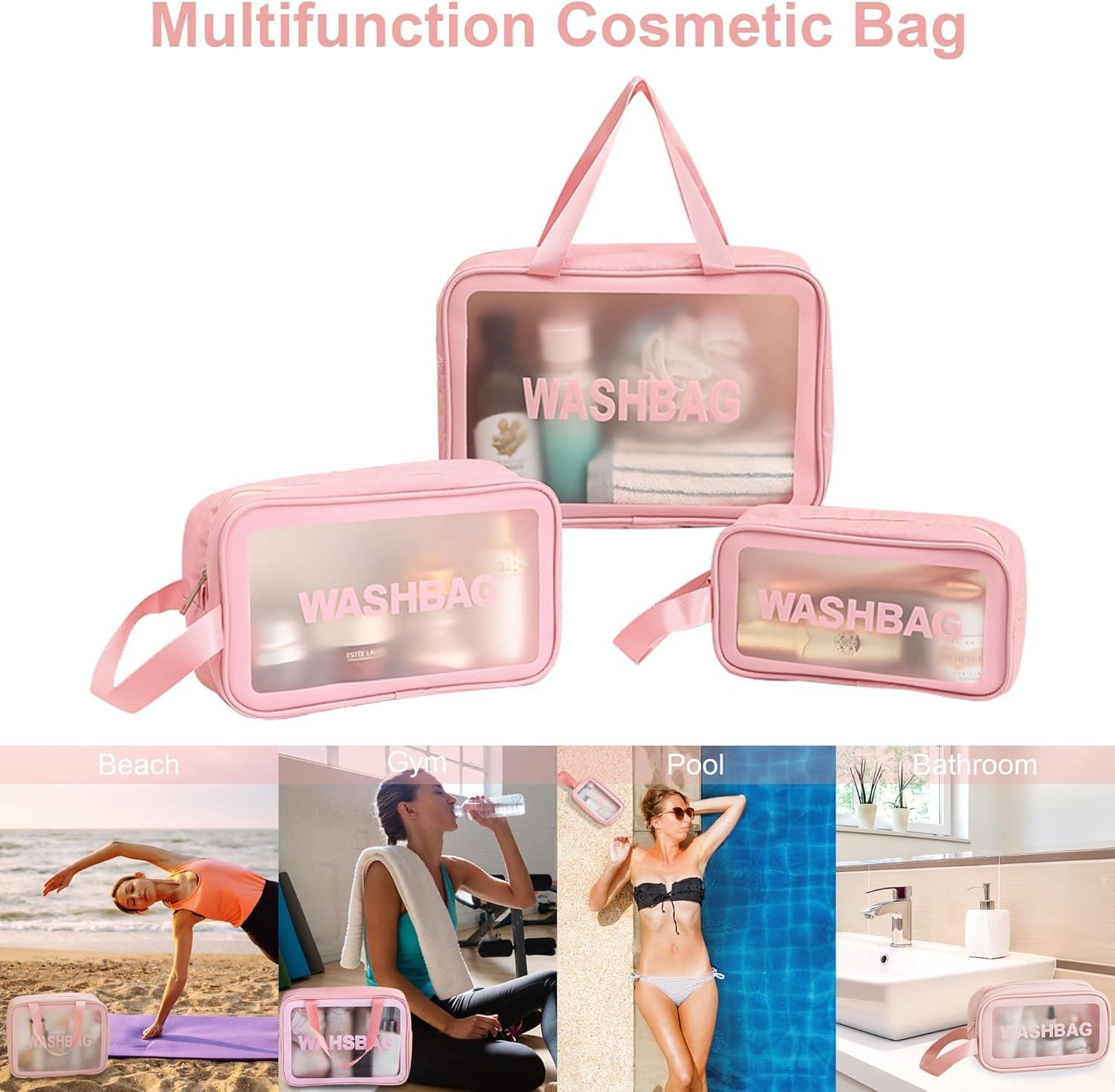 Cosmetic Makeup Organizer Pouch Bag for Women, Wash Bag for Travel, Toilery Organizer Kit, 3 Pcs Wash Bag Set, Pink