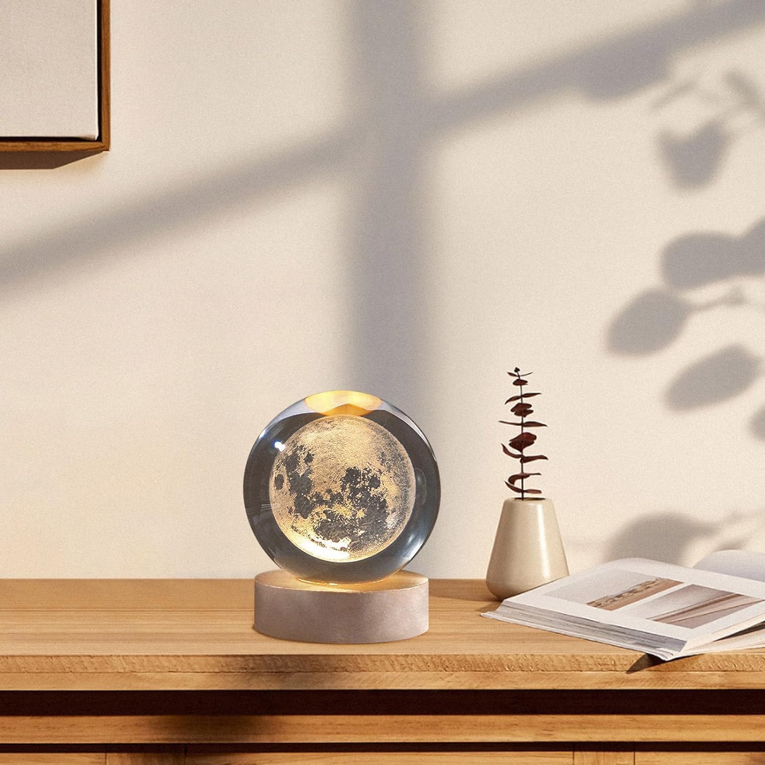 3D Crystal Moon Lamp – Engraved Crystal Ball LED Night Light with Wooden Base, USB Powered, Ideal for Home & Office Décor, Birthday Gift for Adults